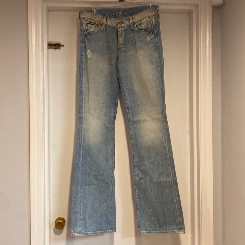 7 for all mankind low rise bootcut light blue jean, size 28.